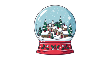 Charming snow globe scene with winter village and falling snowflakes