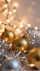 A festive background with Christmas ornaments and twinkling lights, perfect for evoking the magic and warmth of the holiday season.