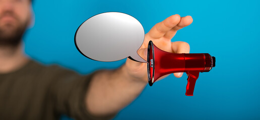 Image of a man holding a red megaphone with a speech bubble, perfect for advertising, communication, announcements, news, or sharing ideas and c
