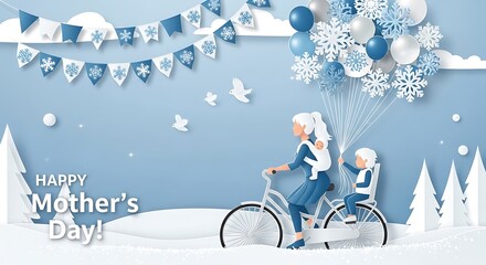 Paper Cut Art of Mother and Son Biking in Snow.