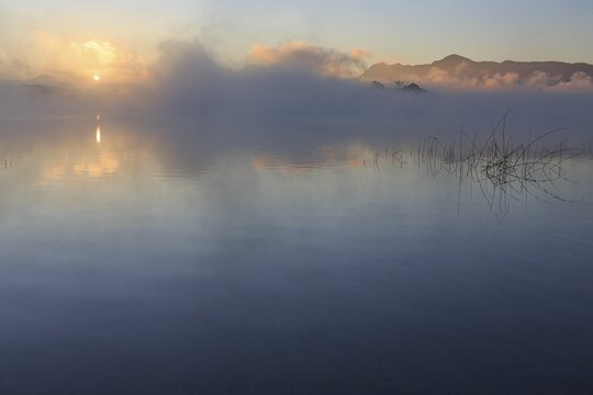 Morning atmosphere, fog, lake, sunrise, mountains, silence, tranquillity, Staffelsee, Murnau, Alpine foothills, Bavaria, Germany