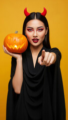 Asian woman holding a jack-o-lantern and pointing, on a yellow background, dressed in a devil costume for a Halloween celebration. Vertical template for holiday sale with copy space.