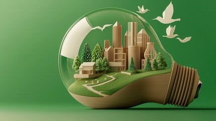 A conceptual image depicting a sustainable eco friendly city landscape enclosed within the shape of a lightbulb symbolizing innovation and the future of urban development