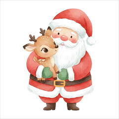 Santa Holding Baby Deer Watercolor Vector Illustration on White Background
