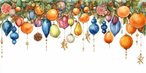 beautiful artful water illustration , dreamy Christmas garland , ornaments with floral, clipart isolated on white background