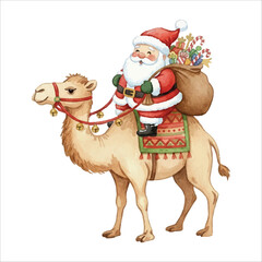 Santa Riding Camel Watercolor Vector Illustration on White Background
