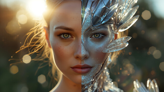 surreal transformation of human into cybernetic entity with metallic textures and ethereal lighting