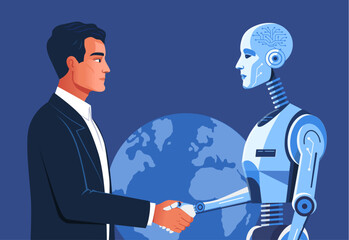 Man in suit shaking hands with Artificial intelligence robot on globe background
