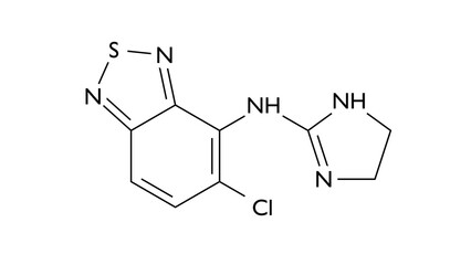 tizanidine molecule, structural chemical formula, ball-and-stick model, isolated image antispastic agent