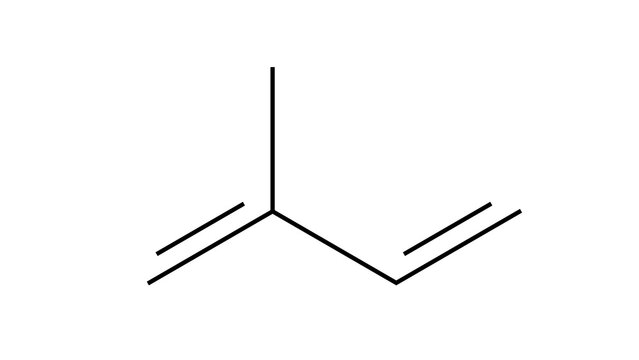 isoprene molecule, structural chemical formula, ball-and-stick model, isolated image natural rubber