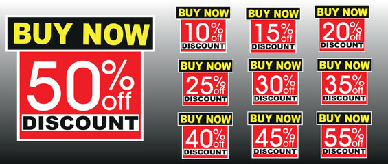 Buy Now Discount Banners Vector Set - 10, 15, 20, 25, 30, 35, 40, 45, 50, 55 Percent Off Red Yellow Black Stickers