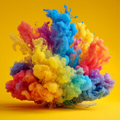 Obraz premium Rainbow-colored paint explosion creates a vibrant spectacle against a bright yellow background
