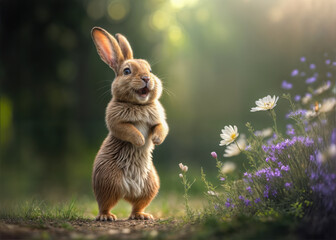 Illustration of a cute, smiling bunny rabbit standing on its hind legs in a field of flowers.
