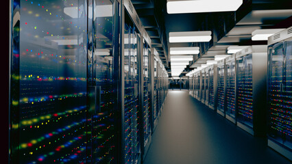 Server. Server data center. Backup, mining, hosting, mainframe, farm and computer rack with storage information. 3d rendering