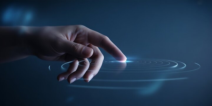 Finger Touching Surface Creating Ripples of Light on Dark hand pointing