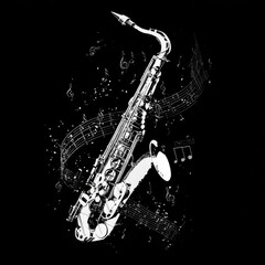 Obraz premium A stylized saxophone, rendered in grayscale, with floating musical notes against a black backdrop