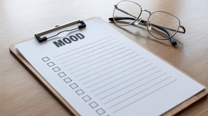 Private healthcare consultation session concept. Mood checklist on a clipboard with glasses, designed for personal reflection or journaling.