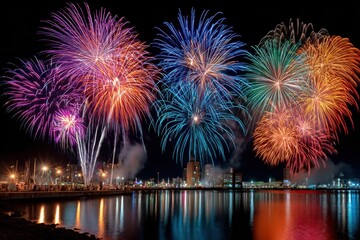 Fototapeta premium Colorful Fireworks over City Skyline at Night