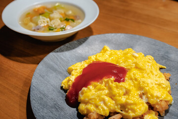 Fluffy omelet rice with soup for dinner

