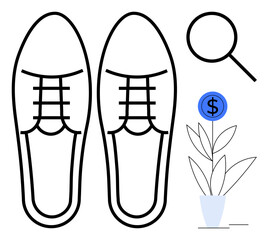 Formal shoes, magnifying glass, and plant with a dollar symbol. Ideal for finance, business growth, investment, career development, opportunity search, savings and growth strategy simple flat