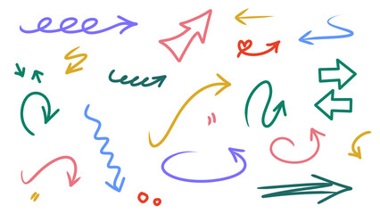 Collection of Hand-Drawn Doodle Arrows, Sketchy Directional Indicators in Various Styles and Colors on a White Background, Transparent Image
