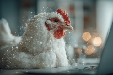 Anthropomorphic chicken's laptop adventure. Risk of crypto trading. The dark reality behind crypto trading nobody wants to talk about. Crypto investment tips. Bright morning room.