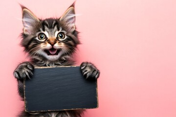 Cat photo ad. Ð¡ute cat maine coon hold in front paws a layout - large dark black street sign. Poster-ready studio pal. Isolated baby feline on a solid attire pink background. Ad sign with cat.