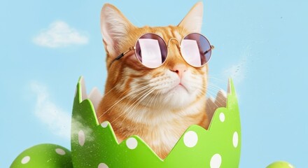 Orange tabby cat wearing sunglasses sits inside a green easter egg on blue background