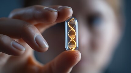 hand holding medical capsule with DNA helix inside 