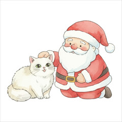 Santa Petting a Cat Watercolor Vector Illustration on White Background
