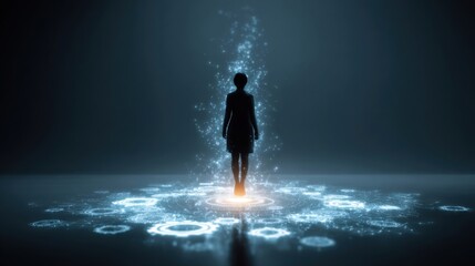 Obraz premium A silhouette stands amidst glowing digital patterns in a dark space, creating a surreal atmosphere.