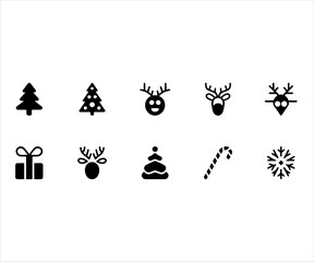 Collection of simple black christmas icons including trees reindeer gift candy cane and snowflake