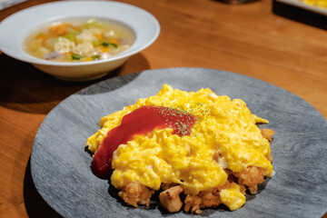 Fluffy omelet rice with soup for dinner
