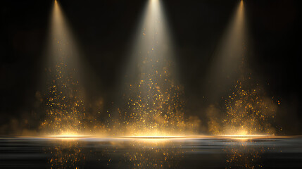 Realistic spotlight set with gold glowing dust particles on black background and reflection on the floor for stage, studio, or theater light effects.  Stock Vector
