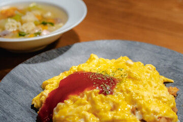 Fluffy omelet rice with soup for dinner
