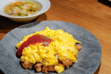 Fluffy omelet rice with soup for dinner
