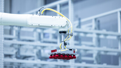 Robotic arm handling boxes on pallets in automated warehouse, Logistics warehouse automation robotics, Robotic arm automated factory packing system efficient industrial box handling and logistics