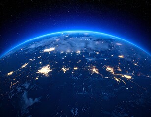 Fototapeta premium Earth, night view from space showing city lights, illuminated atmosphere