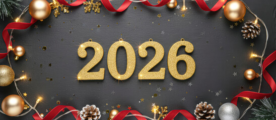 A festive arrangement featuring the year "2026" in glittery gold, surrounded by decorations like ribbons, ornaments, and pinecones, suggesting New Year's celebrations.
