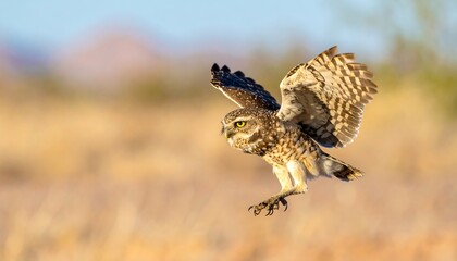 Obraz premium An adorable owl in flight. Captured mid-air with wings spread wide, its eyes focused. Soft blur of the natural environment