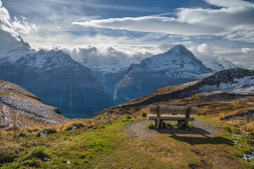 Nature landscape of Swiss Alps mountain range at Eiger and Wetterhorn peak view from Grindelwald First