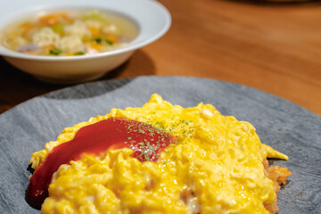 Fluffy omelet rice with soup for dinner
