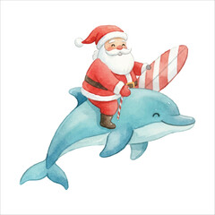 Santa Riding Dolphin Watercolor Vector Illustration on White Background
