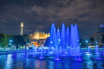 Istanbul Turkiye (Turkey) time lapse night city skyline at Hagia Sophia Grand Mosque and Sultan Ahmet fountain