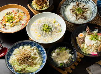 Authentic Asian dishes. Perfect for food blogs, menus, or showcasing culinary arts. A delightful assortment of soups and rice, creating a vibrant food story.