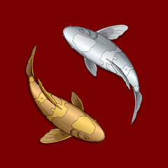 Gold and silver koi fish swimming in circles on a red background.