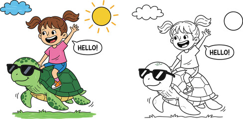 Cute Girl Riding a Cool Cartoon Turtle with Sunglasses, Happy Vector Illustration and Black and White Outline Coloring Page for Children's Books.