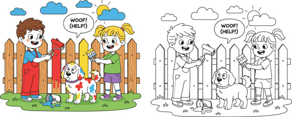 Funny Boy and Girl Painting a Colorful Fence with a Roller and Brush, Cute Dog Covered in Paint, Vector Cartoon and Coloring Page for Kids.