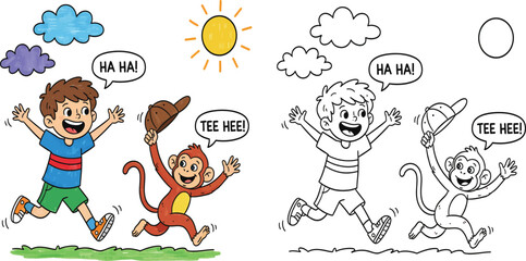 Happy Boy and Mischievous Monkey Running with a Stolen Cap, Cartoon Vector Illustration and Black and White Coloring Page for Kids.