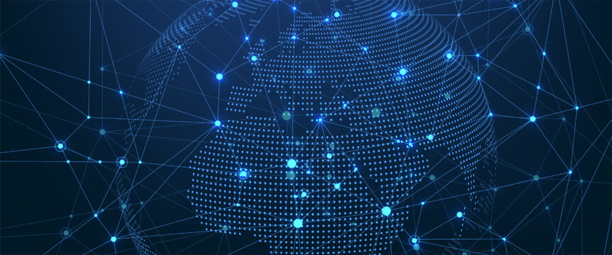 Global network connection concept. Big data visualization. Social network communication in the global computer networks. Internet technology. Business. Science. Vector illustration